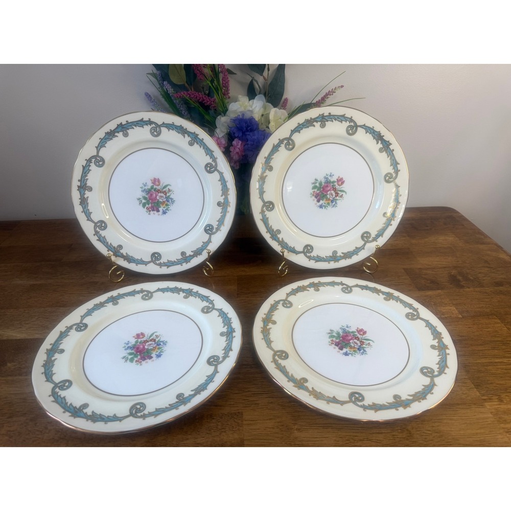 Aynsley England Bone China Dinner Plates Set of‎ 4 Blue Scroll Floral Gold Trim